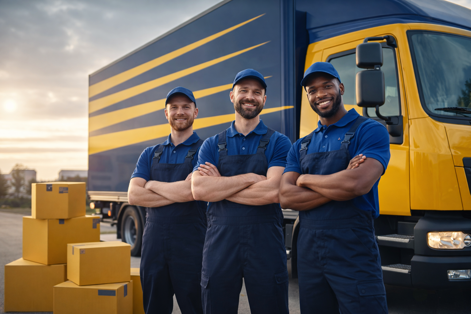 L'équipe de déménageurs devant un camion